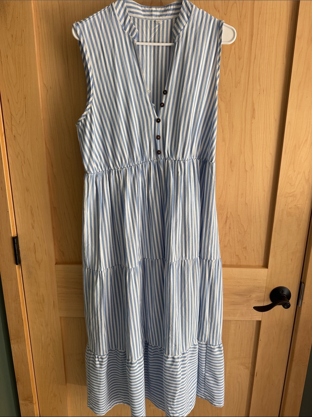 Sleeveless Blue & White Striped Tiered Midi Dress